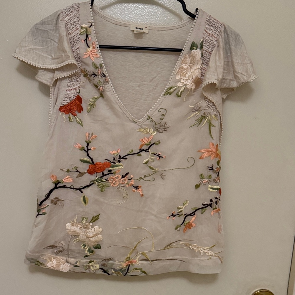 Anthropologie Tiny Cream embroidered Floral V-Neck Blouse - Picture 2 of 5